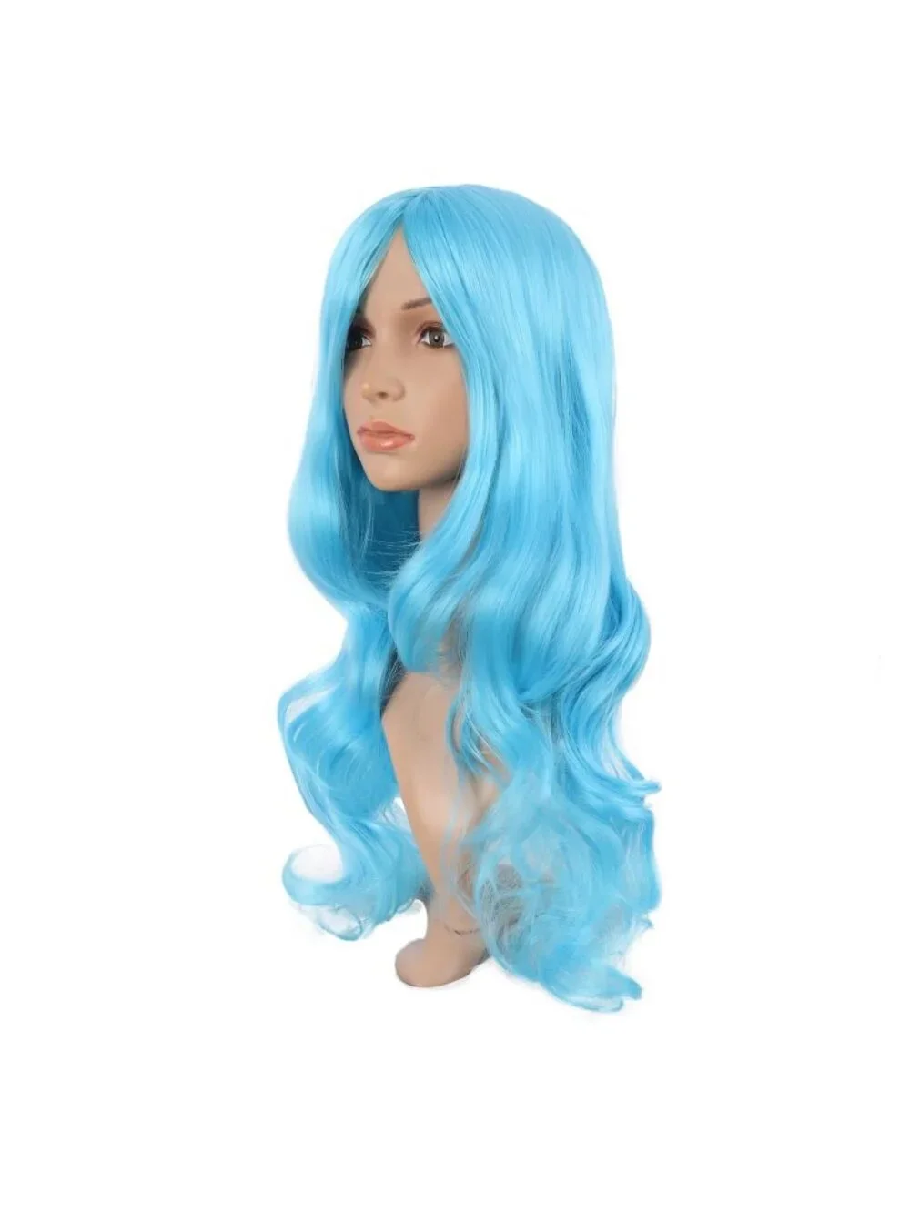 Women's Sky Blue 24 Inch Synthetic Modern Long Wavy Side Bangs Wigs